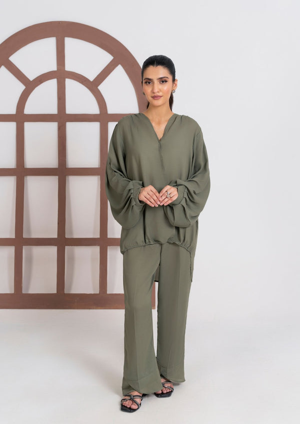 2PC Olive Georgette Co-ord Set JUPITER-F25-0007