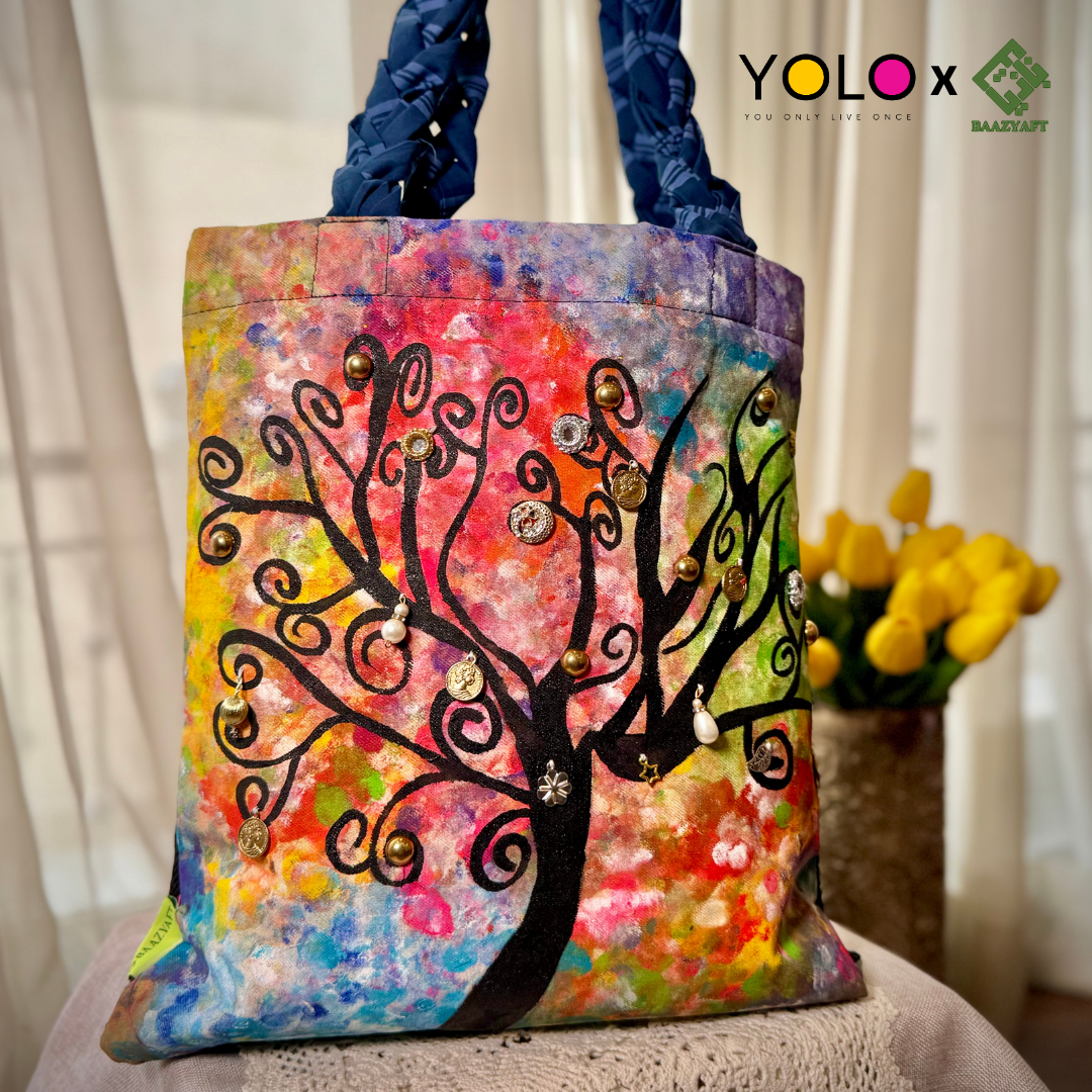 HANDCRAFTED AND HANDPAINTED TOTE BAG WITH BRAIDED STRAP BAZ-B25-0014