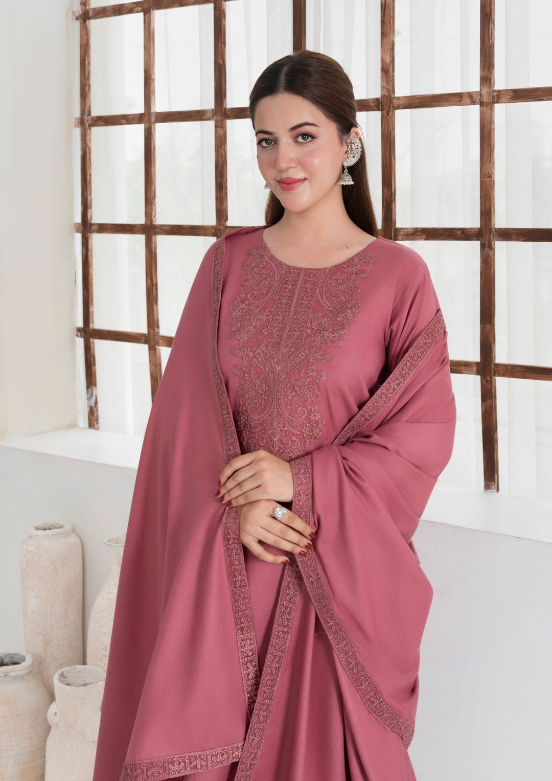 3Pc Embroidered Alpine Wool with Embroidered Border Shawl AML-W25-0016