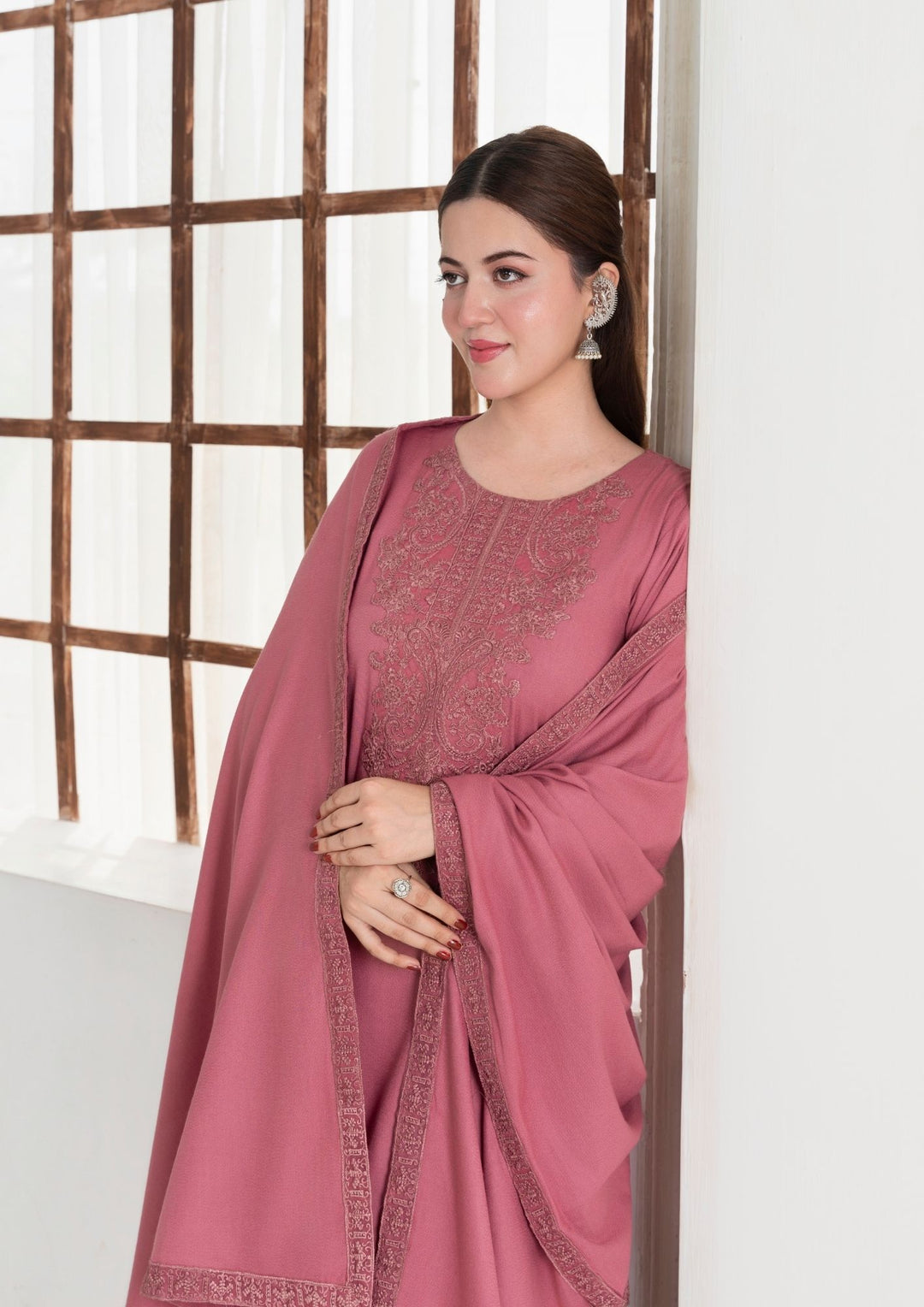 3Pc Embroidered Alpine Wool with Embroidered Border Shawl AML-W25-0016