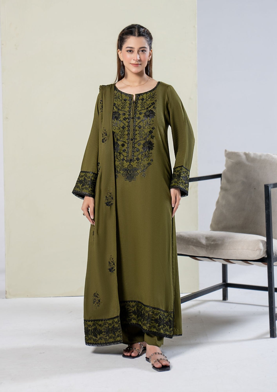 3Pc Embroidered Alpine Karandi Olive Green SAY-W26-0019