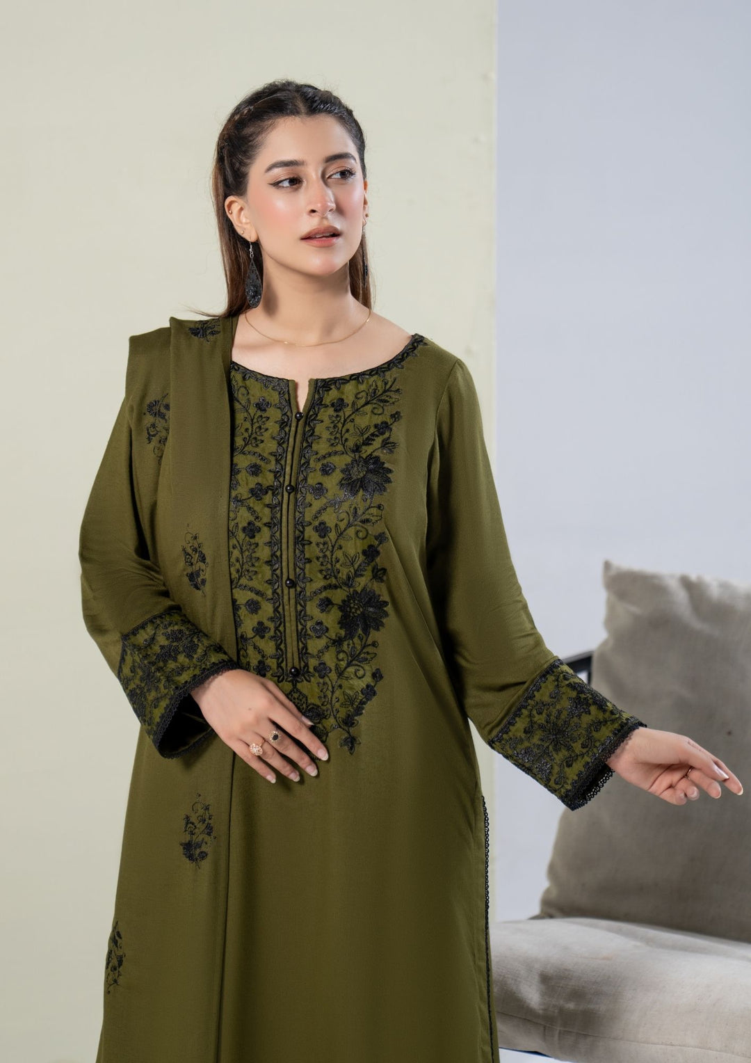 3Pc Embroidered Alpine Karandi Olive Green SAY-W26-0019