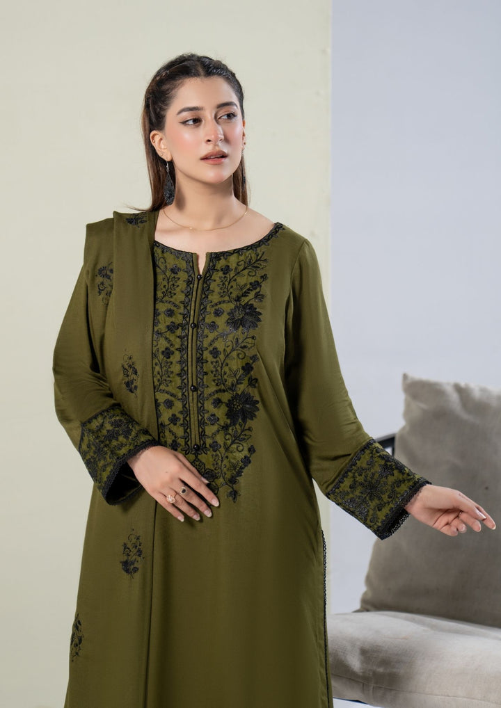 3Pc Embroidered Alpine Karandi Olive Green SAY-W26-0019
