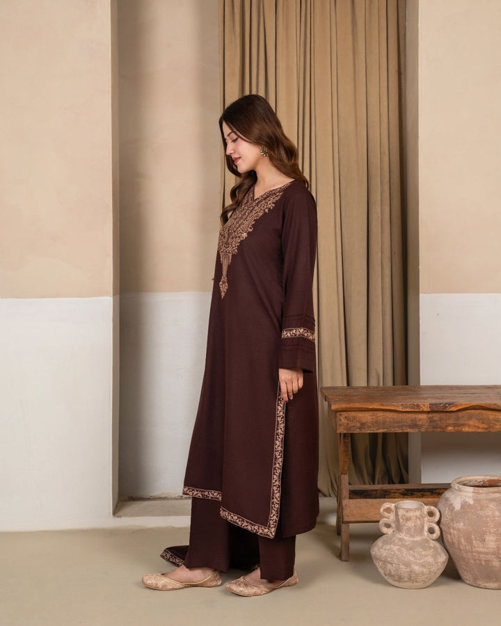 3pc Embroidered Alpine Karandi with Embroidered Border Shawl Brown AML-W25-0101
