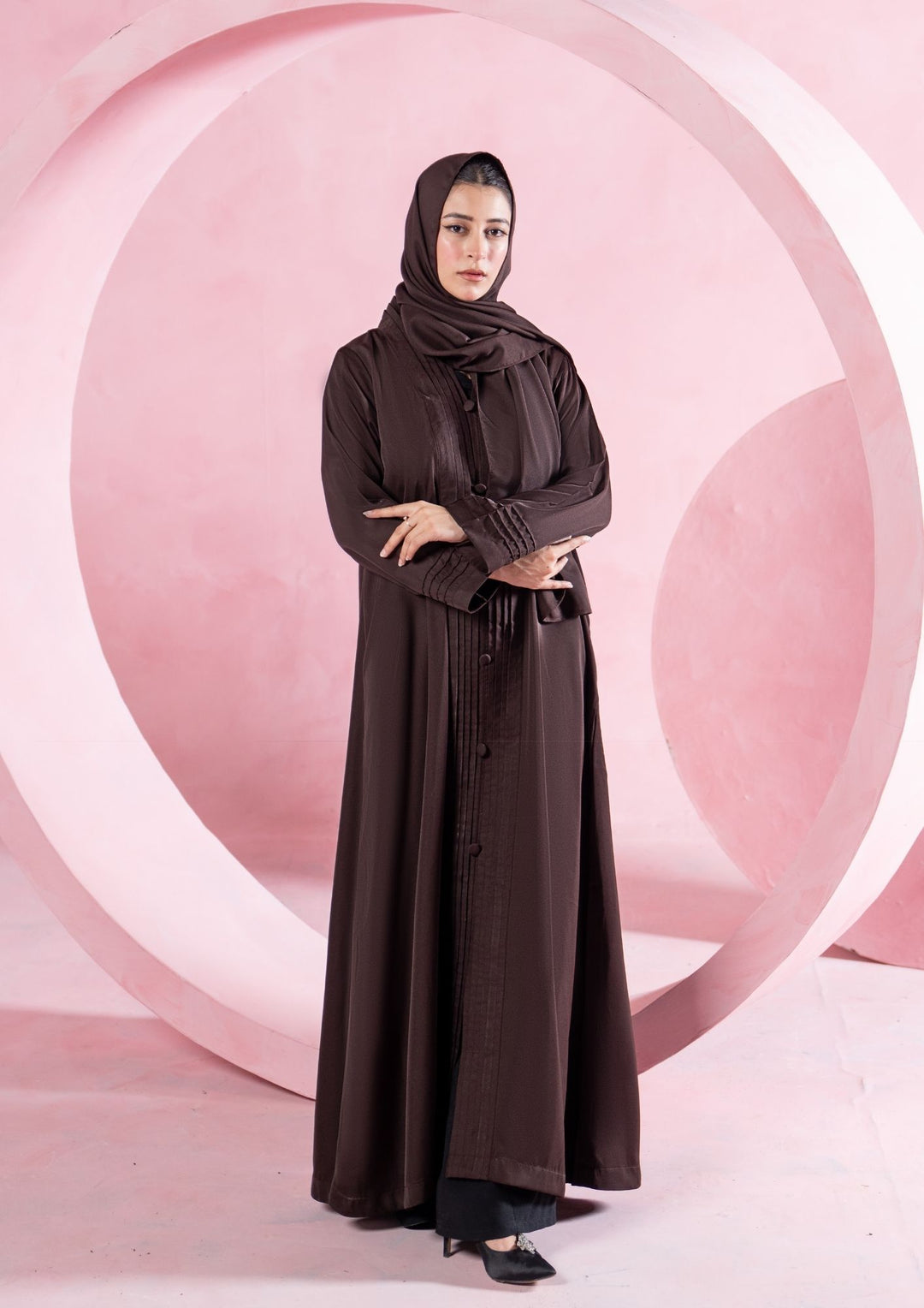 Mocha Pleated Button Abaya ABL-A26-0002