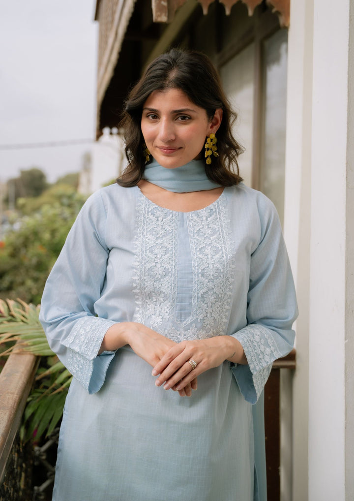 3Pc Ice Blue Embroidered Lawn with Chiffon Dupatta RIW-R26-0006