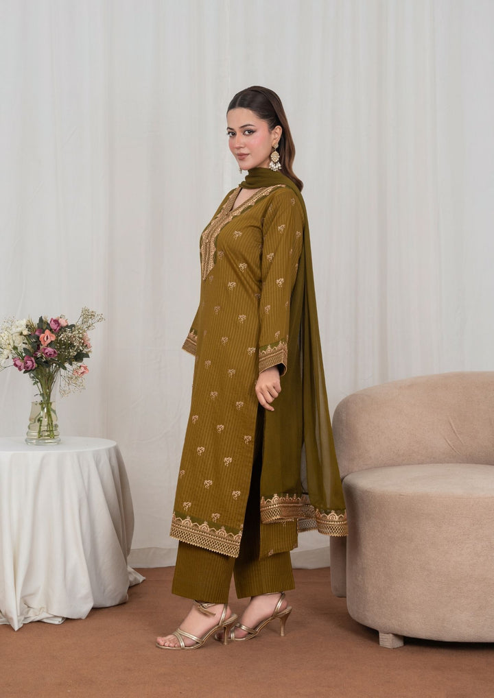 3Pc Tilla Embroidered Textured Lawn with Embroidered Border Chiffon Dupatta Olivish Brown JASHAN-J26-0027