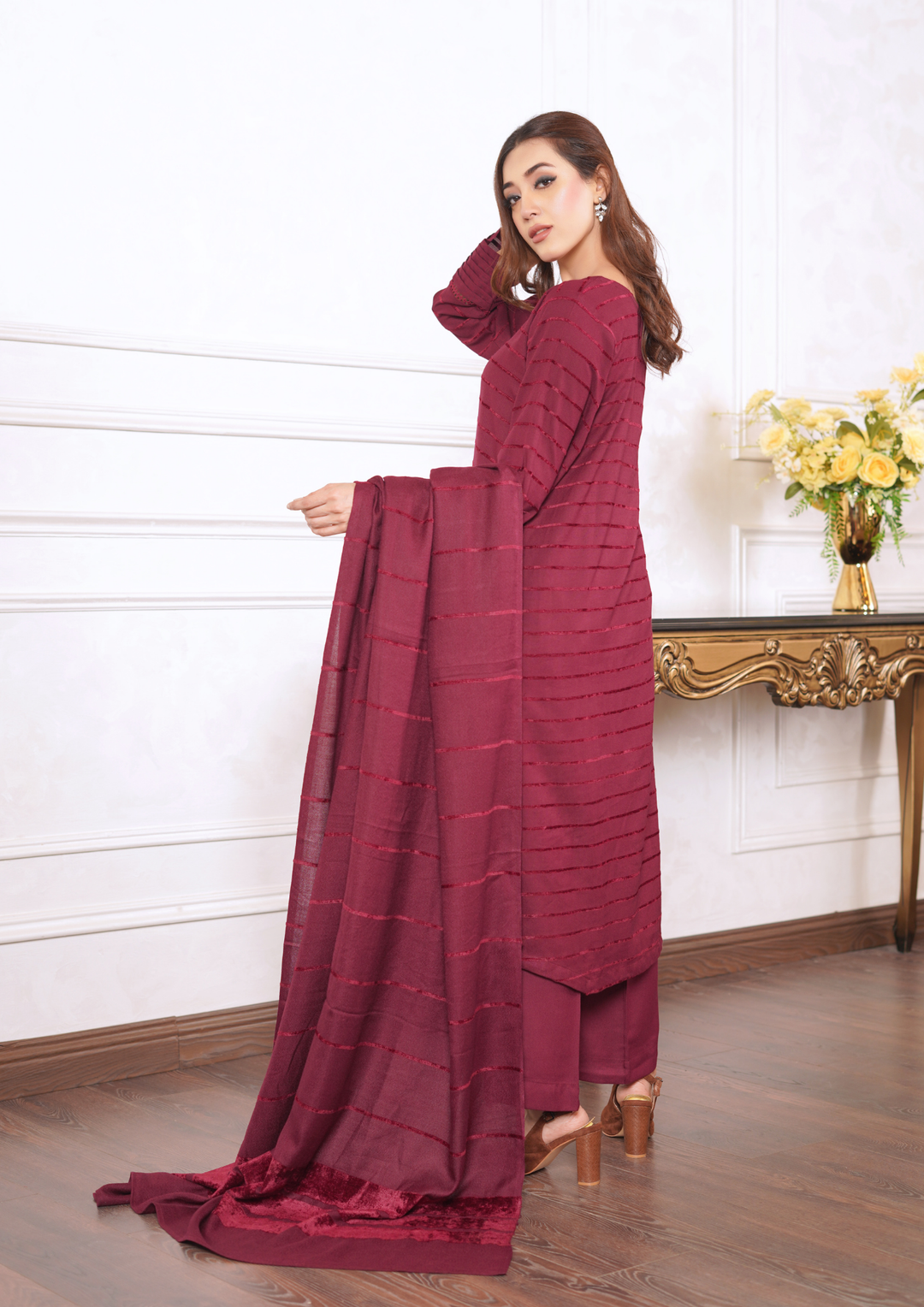 3pc Alpine Velvet Shirt with Velvet Border Shawl and Plain Trouser W24-VEL-0003