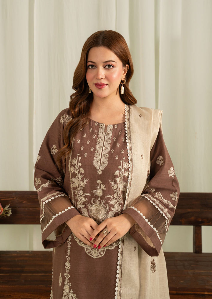 3Pc Khaddar Embroidered with Khaddar Shawl Brown AFP-A25-0013