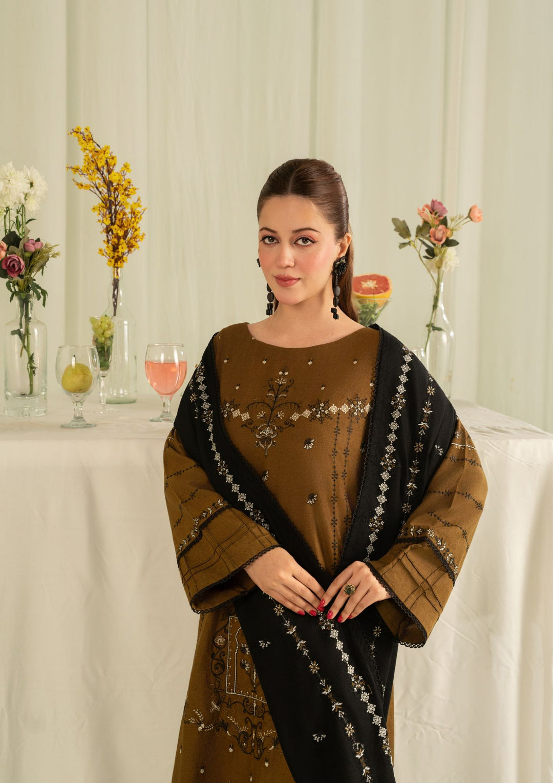 3Pc Silk Karandi Embroidered with Silk Karandi Shawl Mehndi AFP-A25-0010