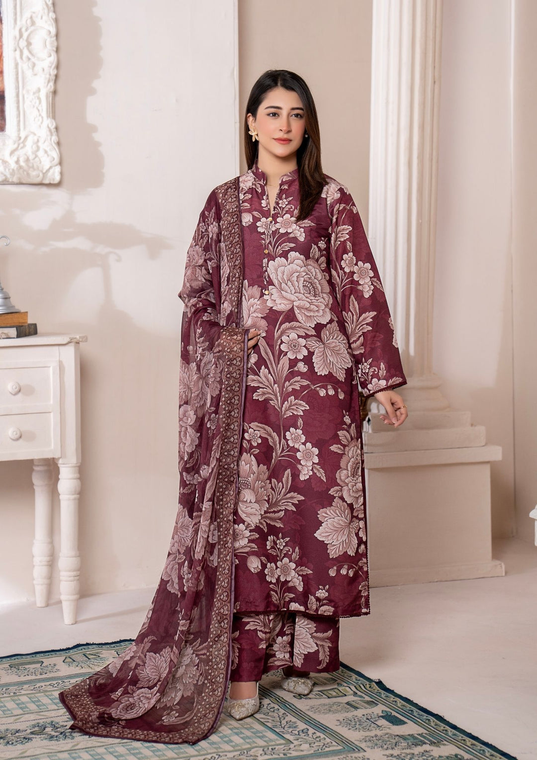 3Pc Printed Arabic Silk Lawn with Chiffon Dupatta Gulmeena-G26-0003