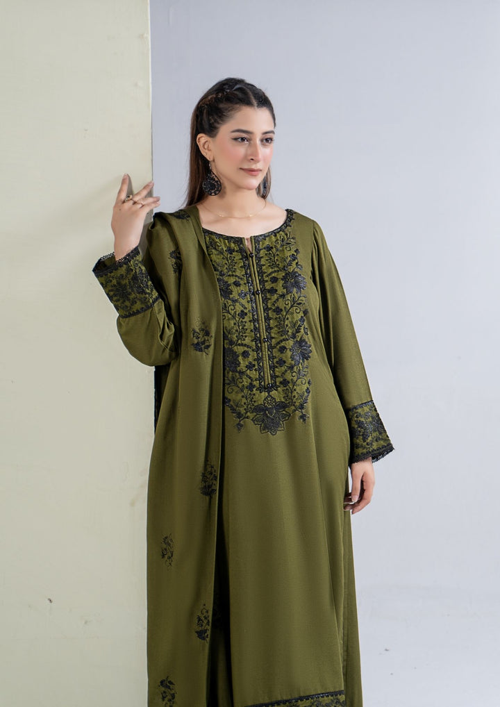 3Pc Embroidered Alpine Karandi Olive Green SAY-W26-0019