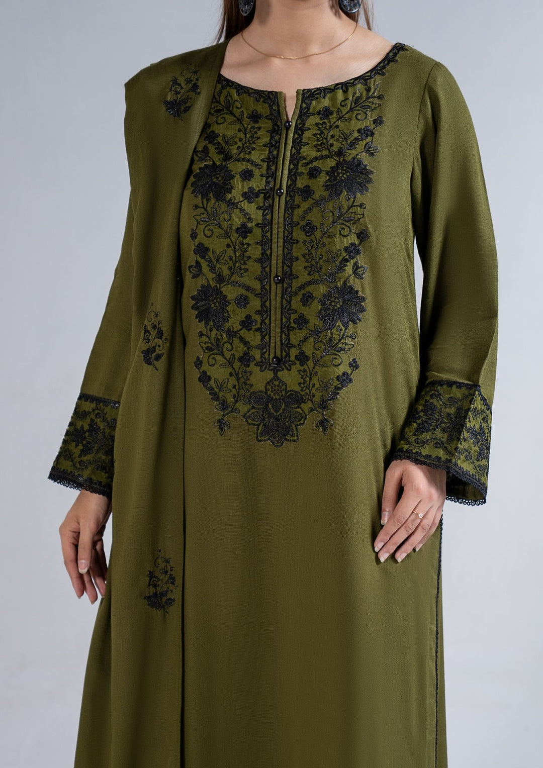 3Pc Embroidered Alpine Karandi Olive Green SAY-W26-0019