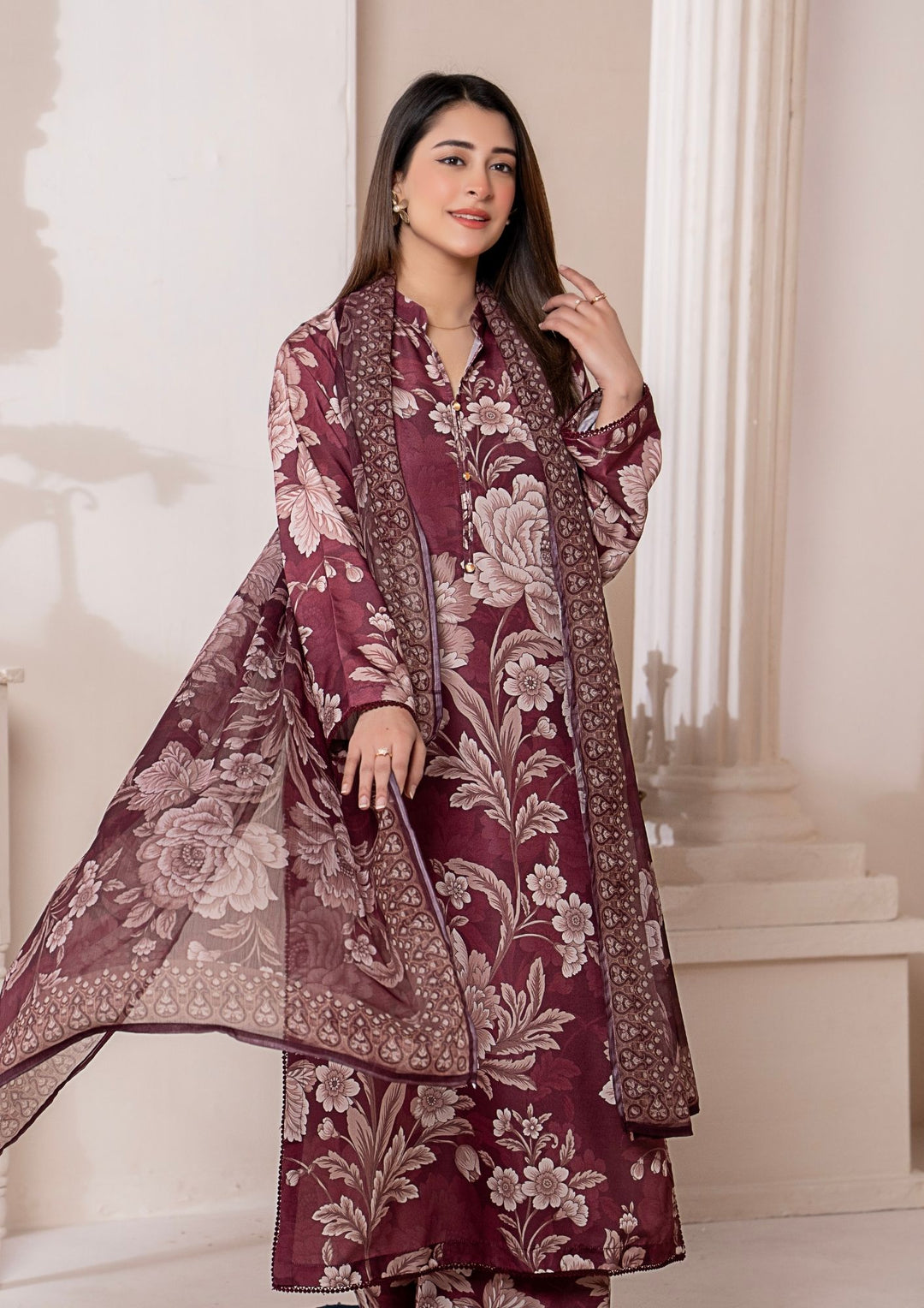 3Pc Printed Arabic Silk Lawn with Chiffon Dupatta Gulmeena-G26-0003