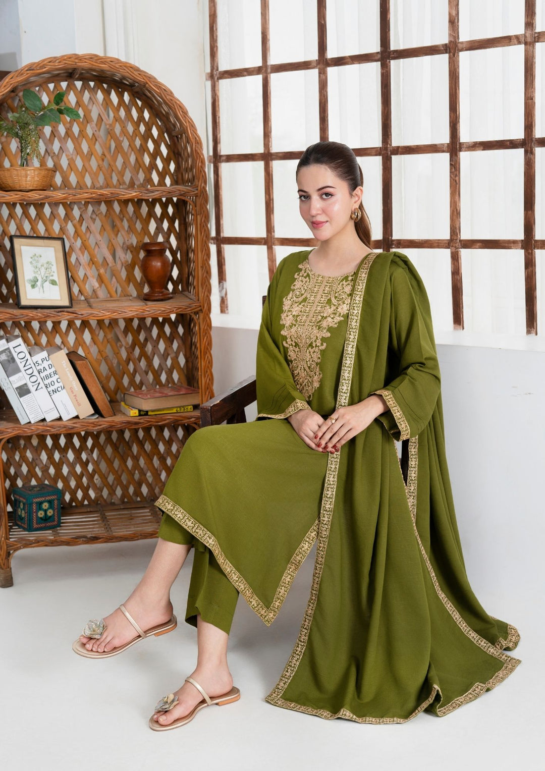 3Pc Tilla Embroidered Silk Karandi with Tilla Embroidered Border Shawl AML-W25-0015