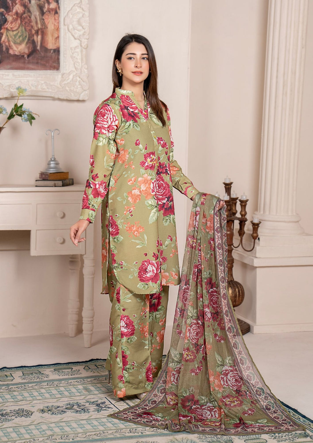 3Pc Printed Arabic Silk Lawn with Chiffon Dupatta Gulmeena-G26-0005