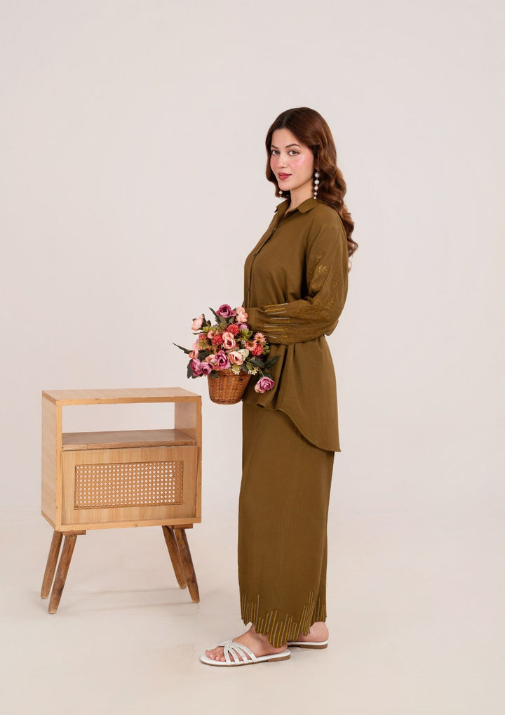 2Pc Embroidered Silk Karandi Olive Moss JUPITER-F25-0026