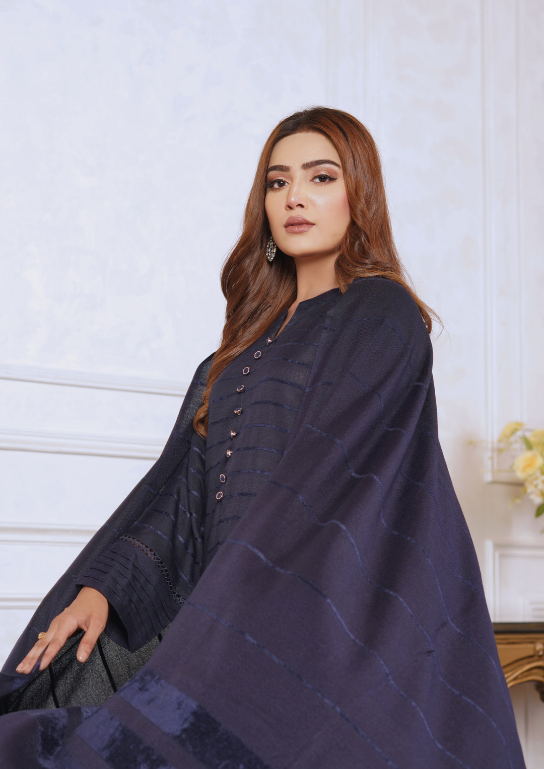 3pc Alpine Velvet Shirt with Velvet Border Shawl and Plain Trouser W24-VEL-0004