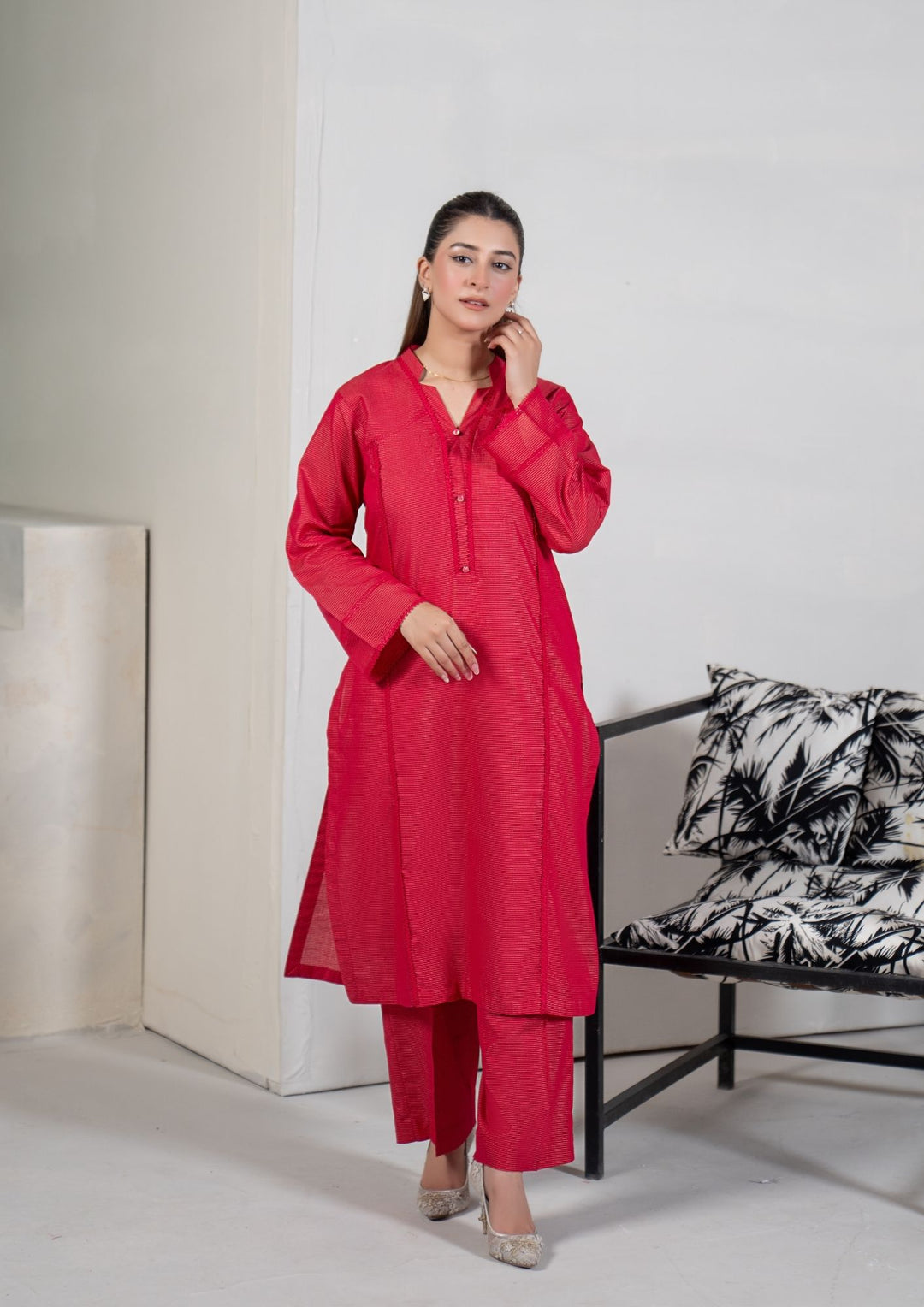 2Pc Golden Stripe Maisuri Lawn Bright Maroon ROZ-R26-0012