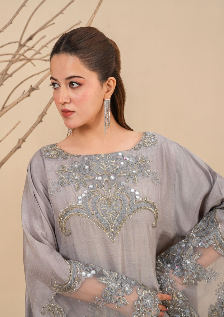 2Pc Silk Viscose Kaftan Silver JASHAN-J26-0025