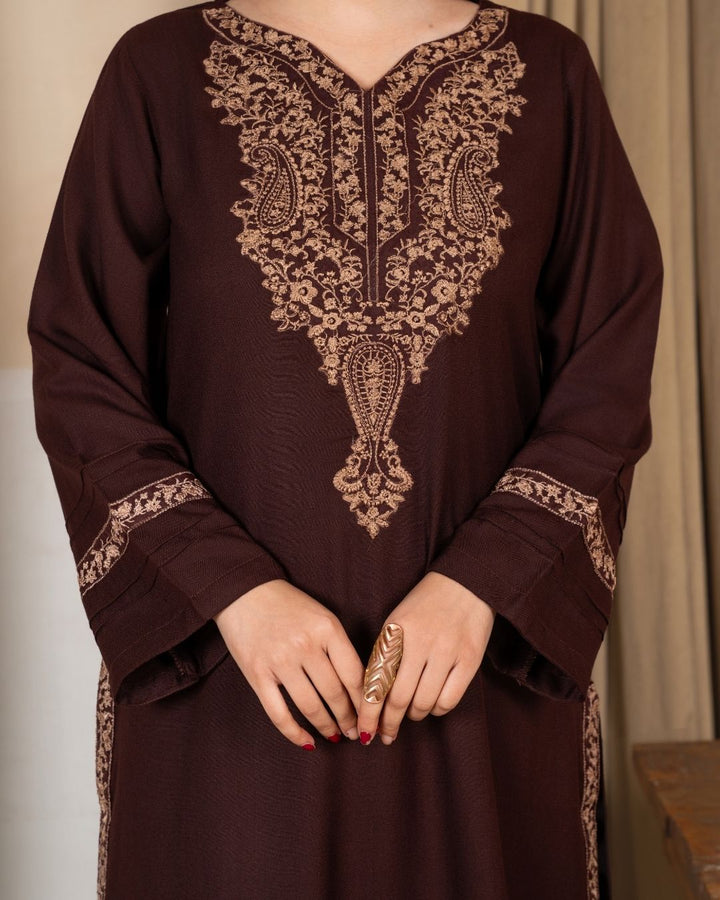 3pc Embroidered Alpine Karandi with Embroidered Border Shawl Brown AML-W25-0101