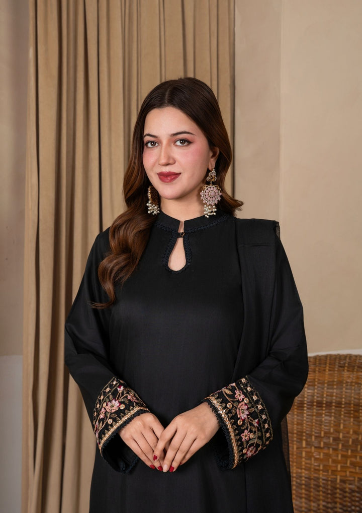 3Pc Embroidered Silk Viscose with Farshi Shalwar Black JASHAN-J26-0001