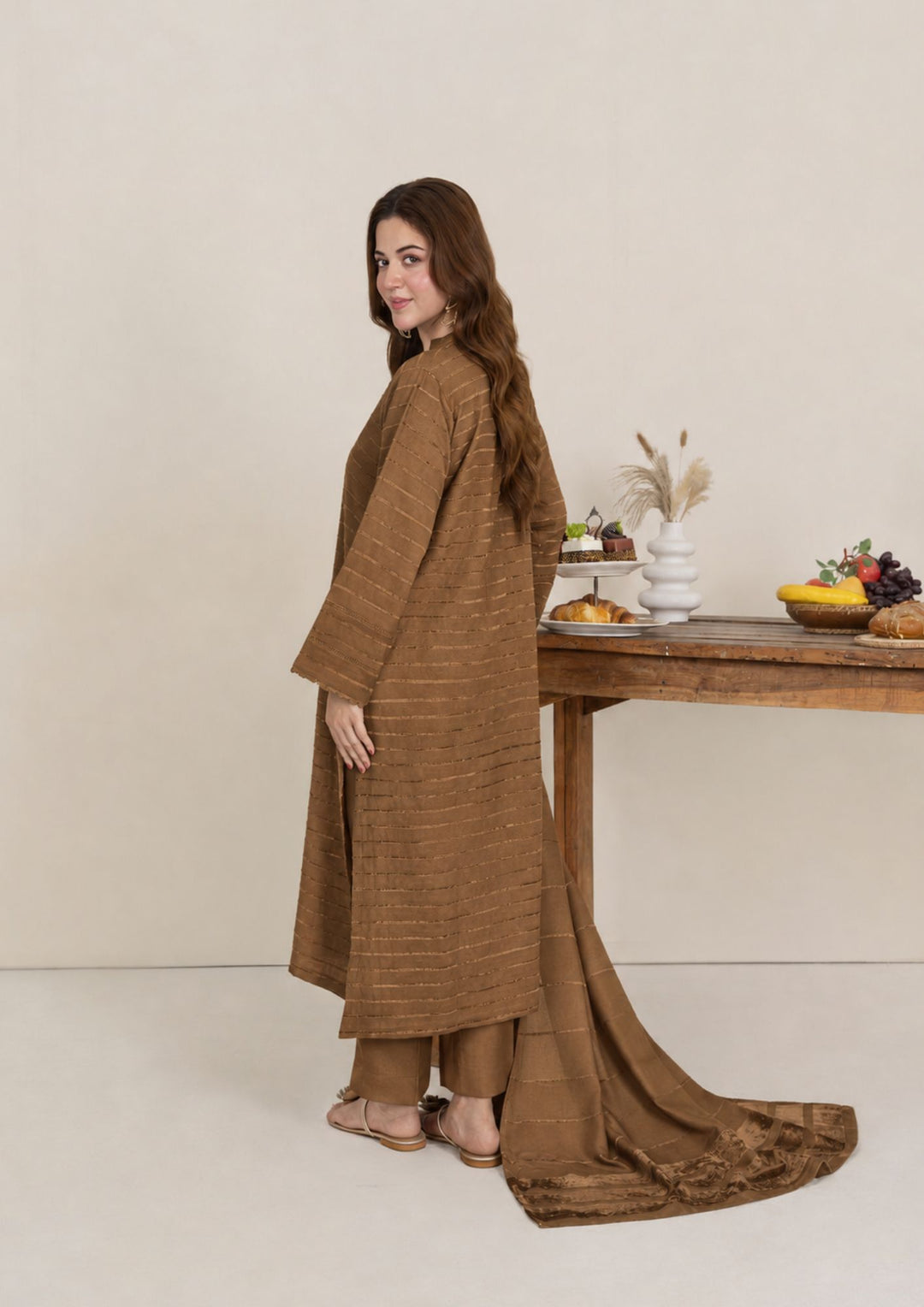 3pc Alpine Velvet Shirt with Velvet Border Shawl and Plain Trouser Chikoo AML-W26-0002