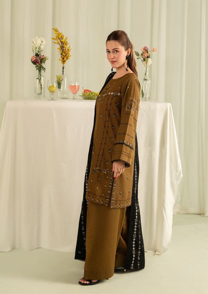 3Pc Silk Karandi Embroidered with Silk Karandi Shawl Mehndi AFP-A25-0010