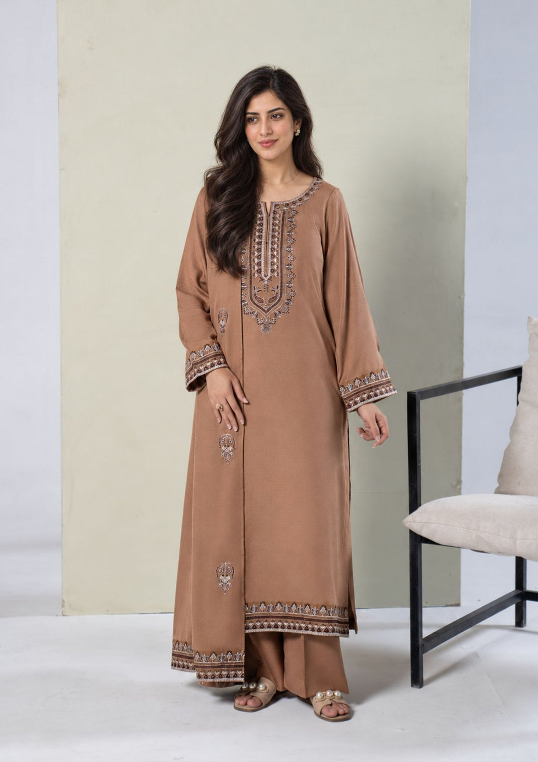 3Pc Embroidered Alpine Karandi Chikoo SAY-W26-0022