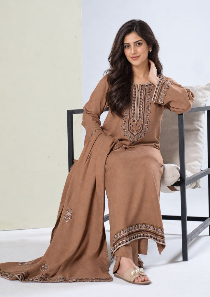 3Pc Embroidered Alpine Karandi Chikoo SAY-W26-0022