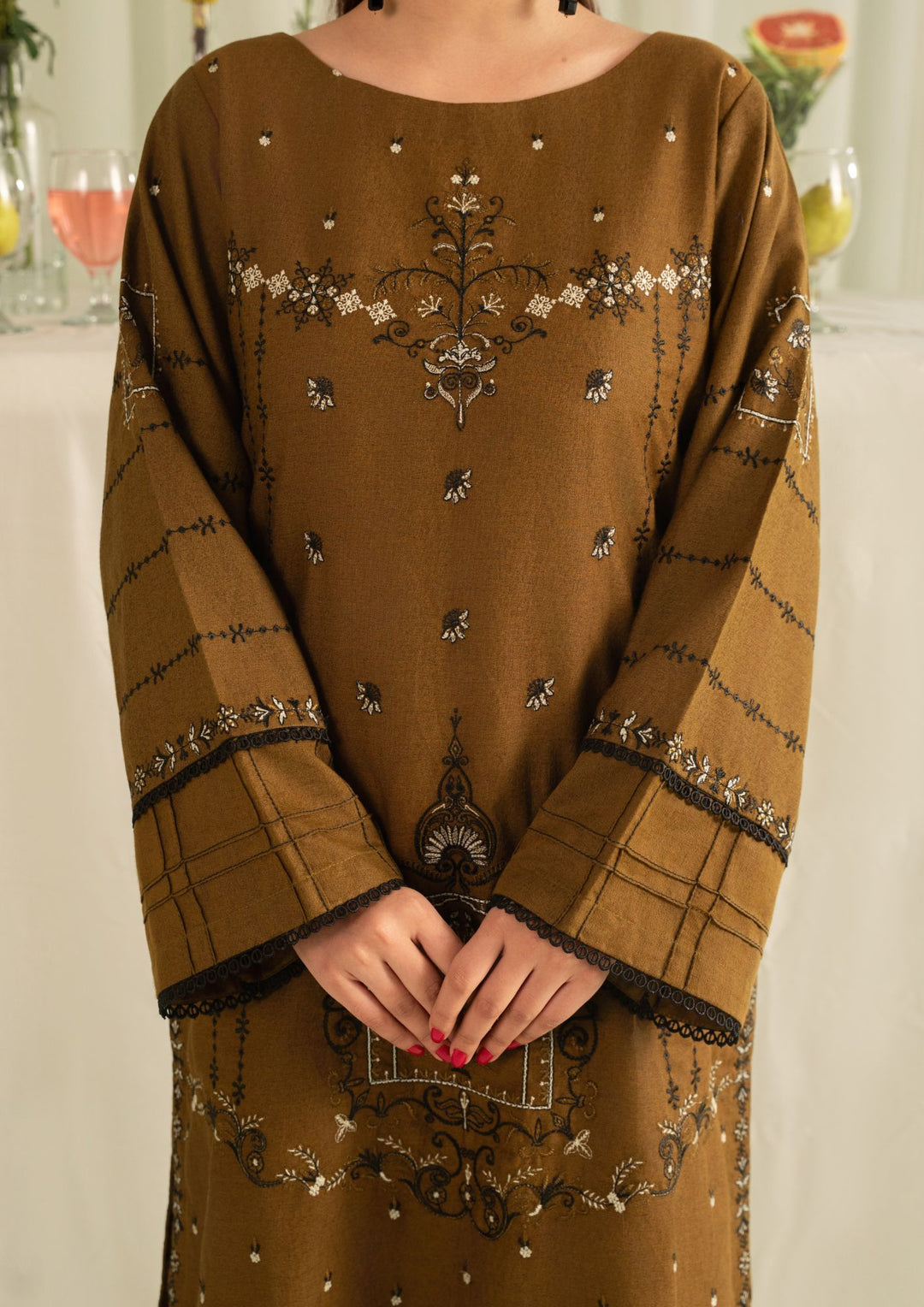 3Pc Silk Karandi Embroidered with Silk Karandi Shawl Mehndi AFP-A25-0010