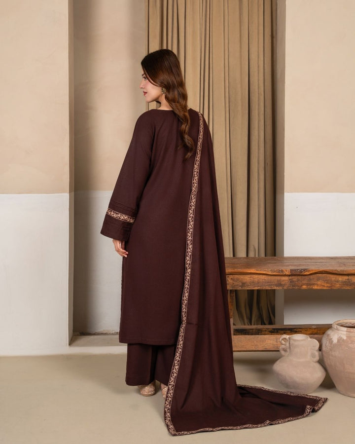 3pc Embroidered Alpine Karandi with Embroidered Border Shawl Brown AML-W25-0101