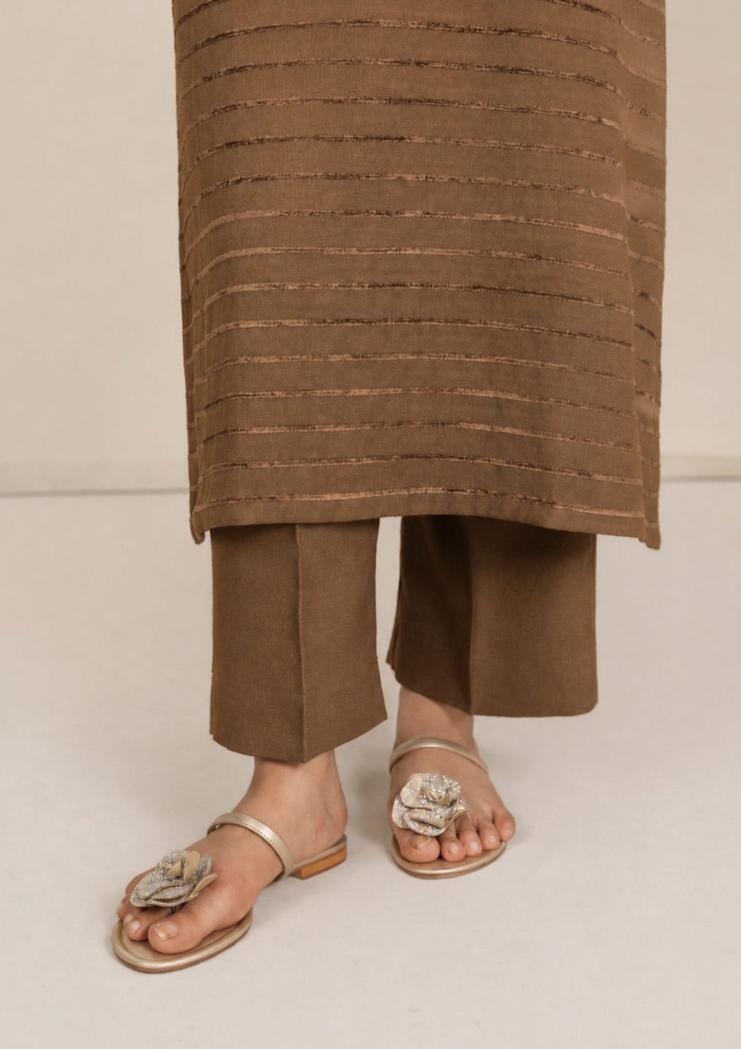 3pc Alpine Velvet Shirt with Velvet Border Shawl and Plain Trouser Chikoo AML-W26-0002