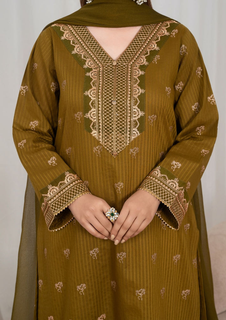 3Pc Tilla Embroidered Textured Lawn with Embroidered Border Chiffon Dupatta Olivish Brown JASHAN-J26-0027