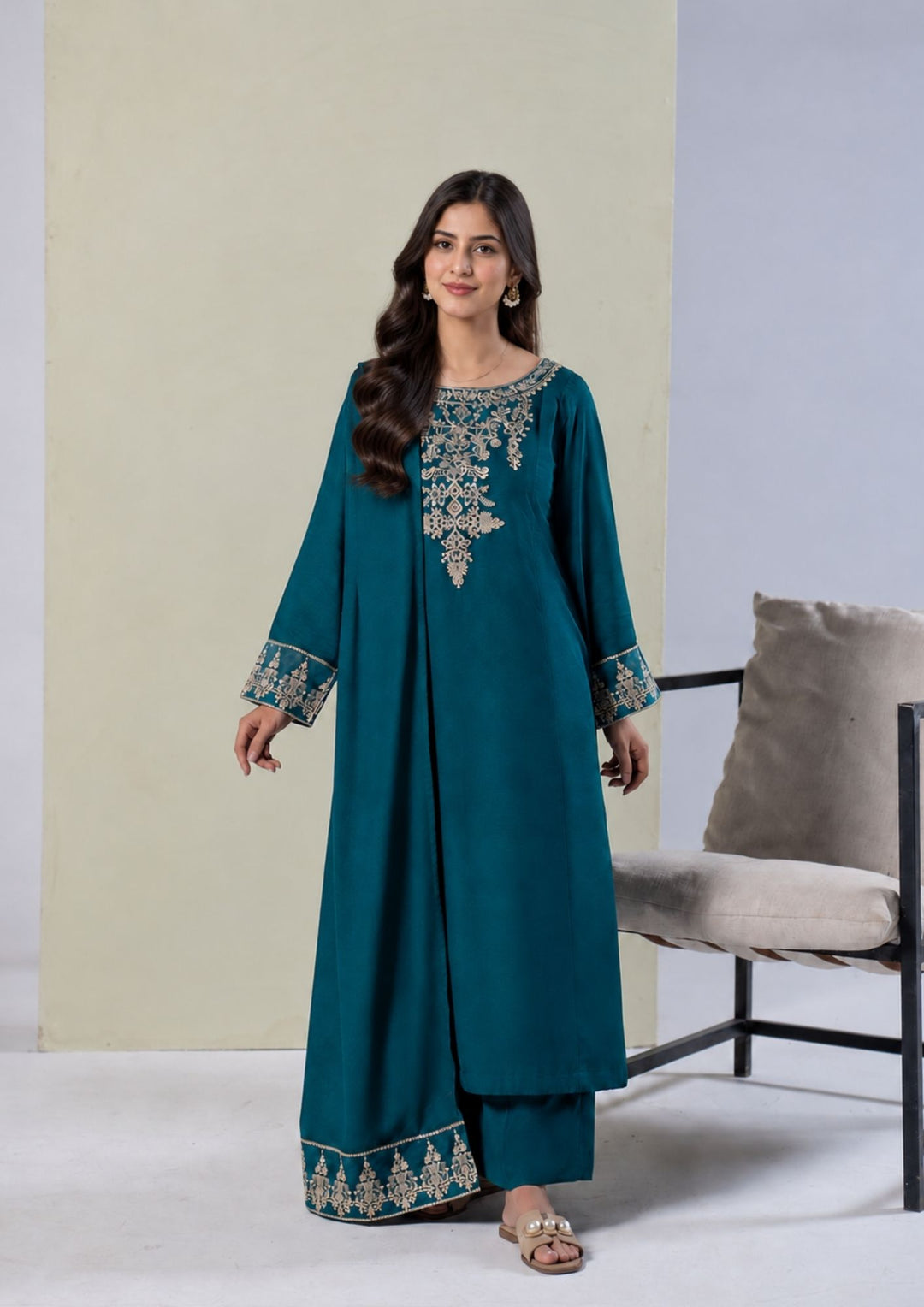 3Pc Embroidered Alpine Karandi Sea Green SAY-W26-0023