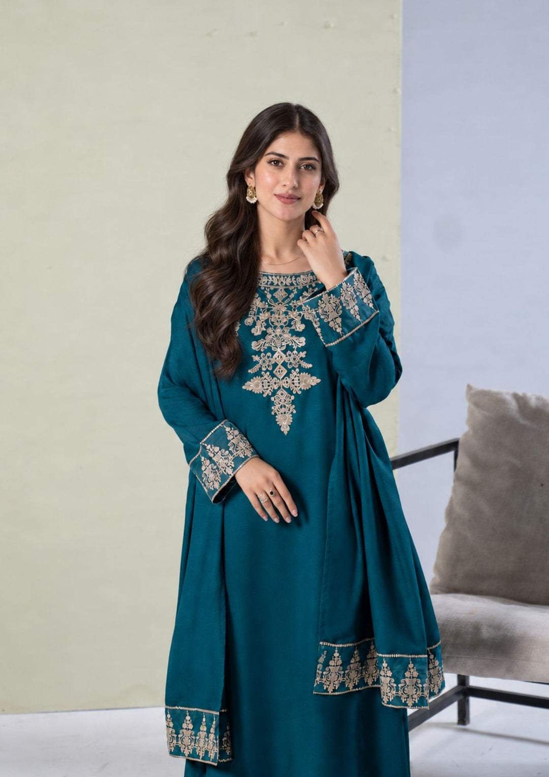 3Pc Embroidered Alpine Karandi Sea Green SAY-W26-0023