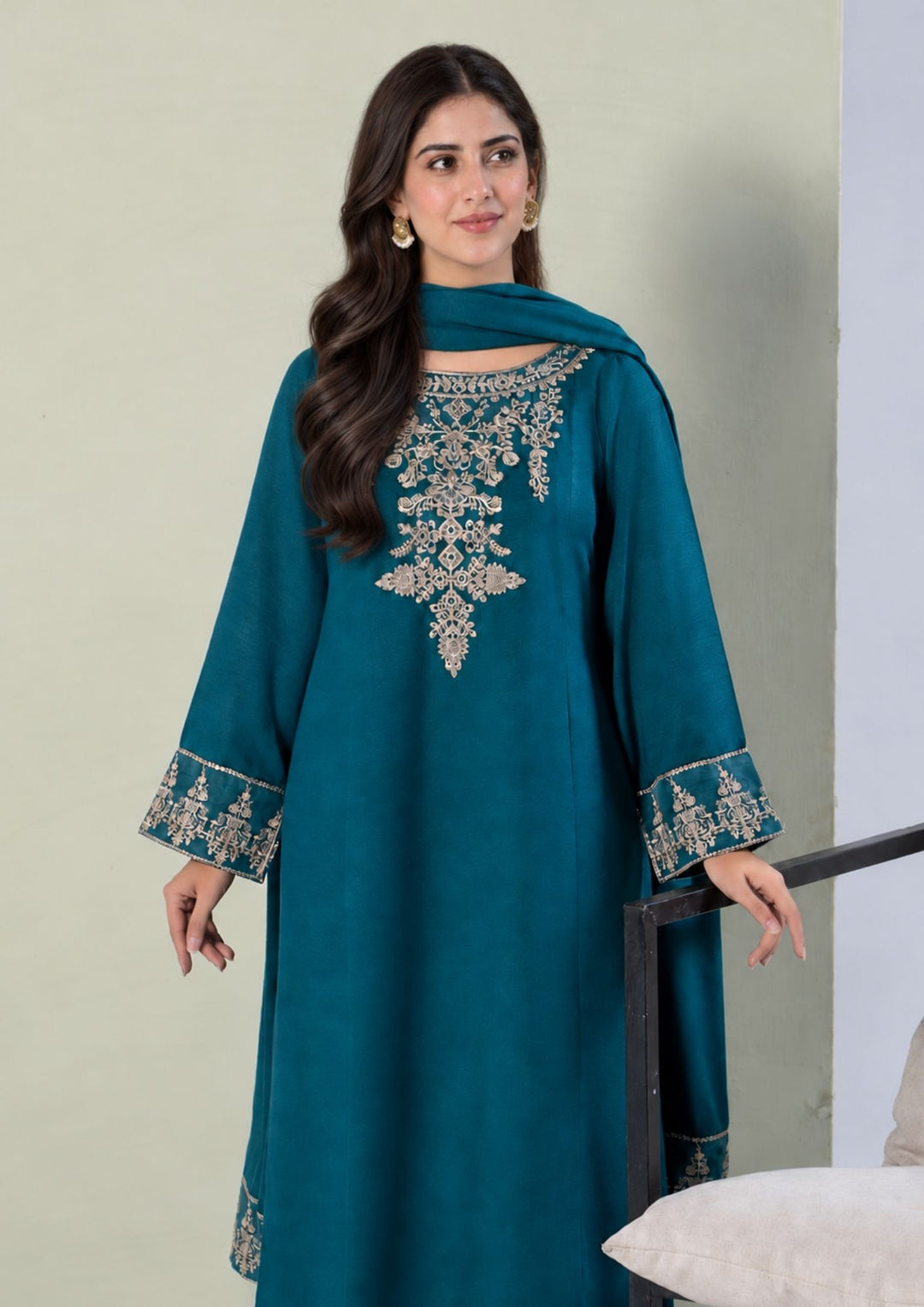 3Pc Embroidered Alpine Karandi Sea Green SAY-W26-0023