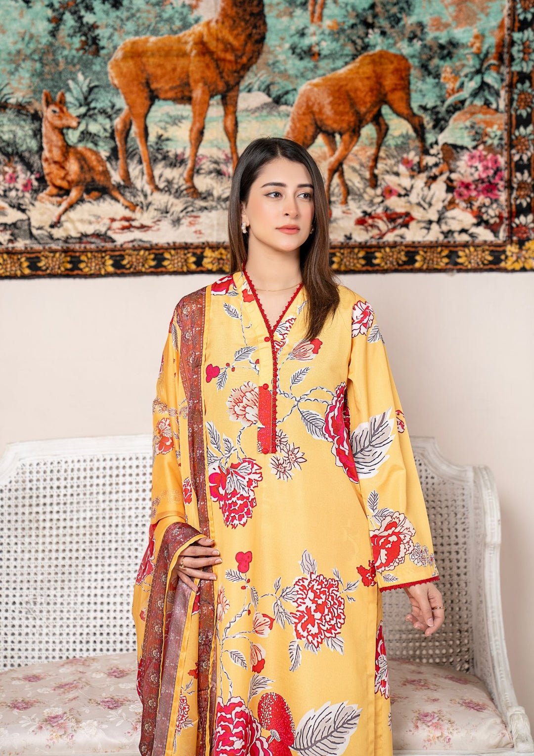 3Pc Printed Arabic Silk Lawn with Chiffon Dupatta Gulmeena-G26-0008