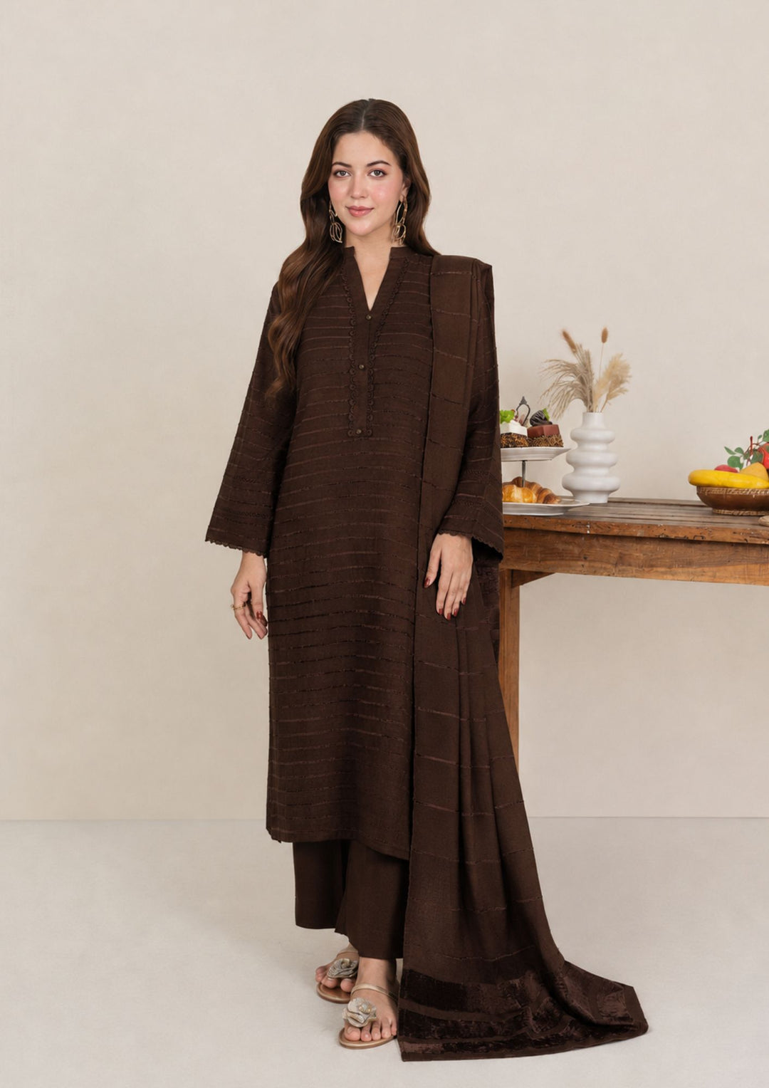 3pc Alpine Velvet Shirt with Velvet Border Shawl and Plain Trouser Chocolate Brown AML-W26-0003