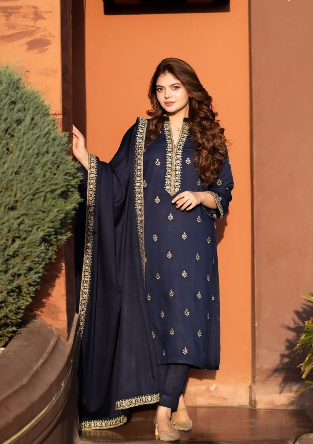 3Pc Tilla Embroidered Alpine with Tilla Embroidered Border Shawl W24-TIL-0014