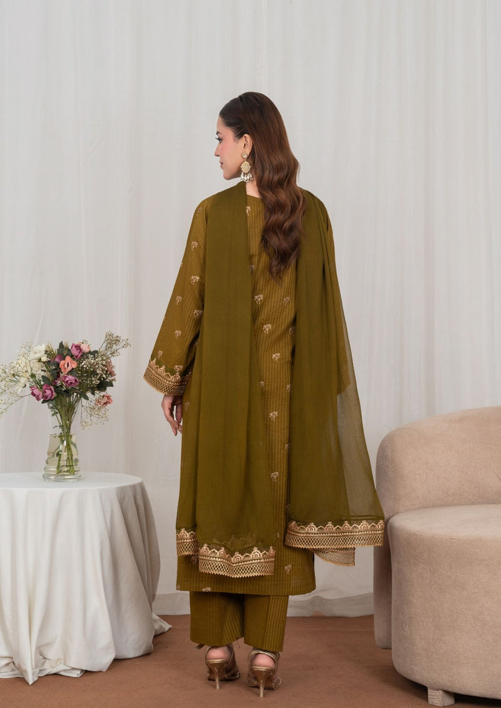 3Pc Tilla Embroidered Textured Lawn with Embroidered Border Chiffon Dupatta Olivish Brown JASHAN-J26-0027