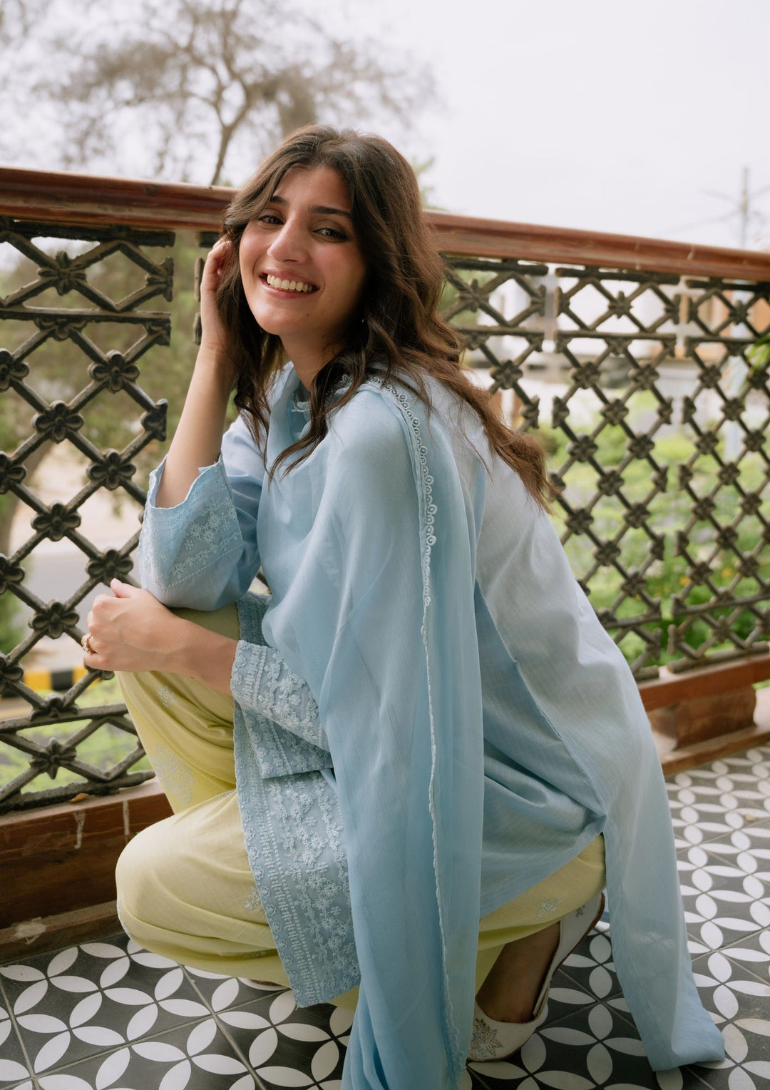 3Pc Ice Blue Embroidered Lawn with Chiffon Dupatta RIW-R26-0006