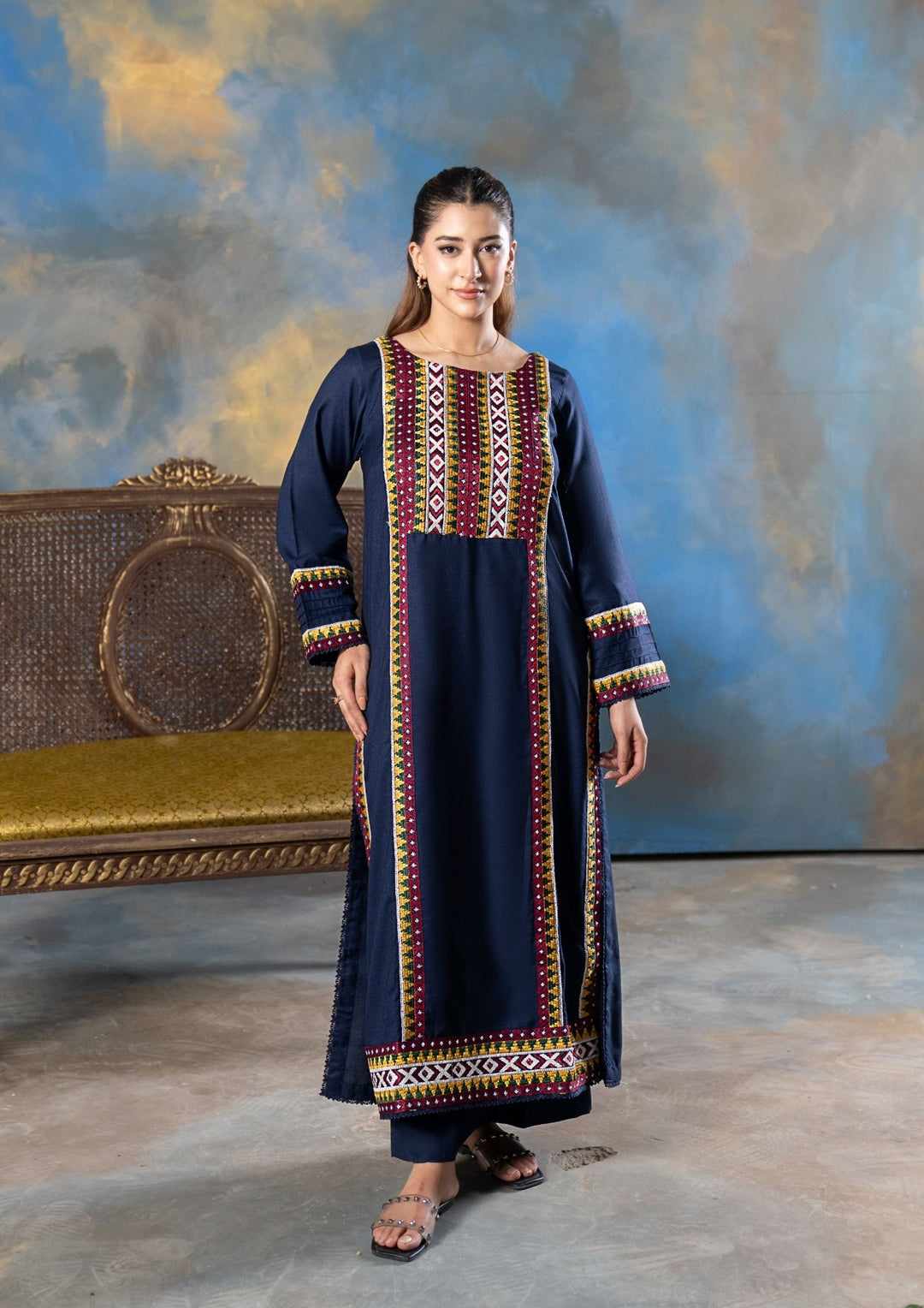 2Pc Embroidered Alpine Karandi Navy SAY-W26-0024