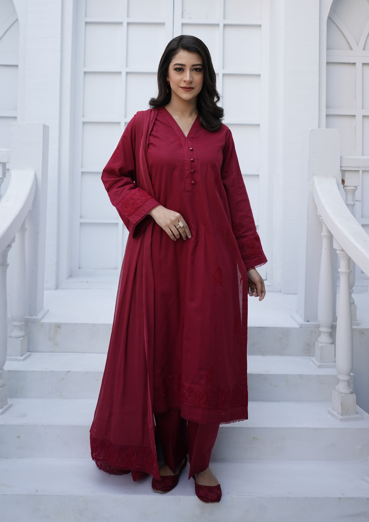 3Pc Embroidered Plain Lawn with Embroidered Border Chiffon Dupatta JASHAN-S25-0025