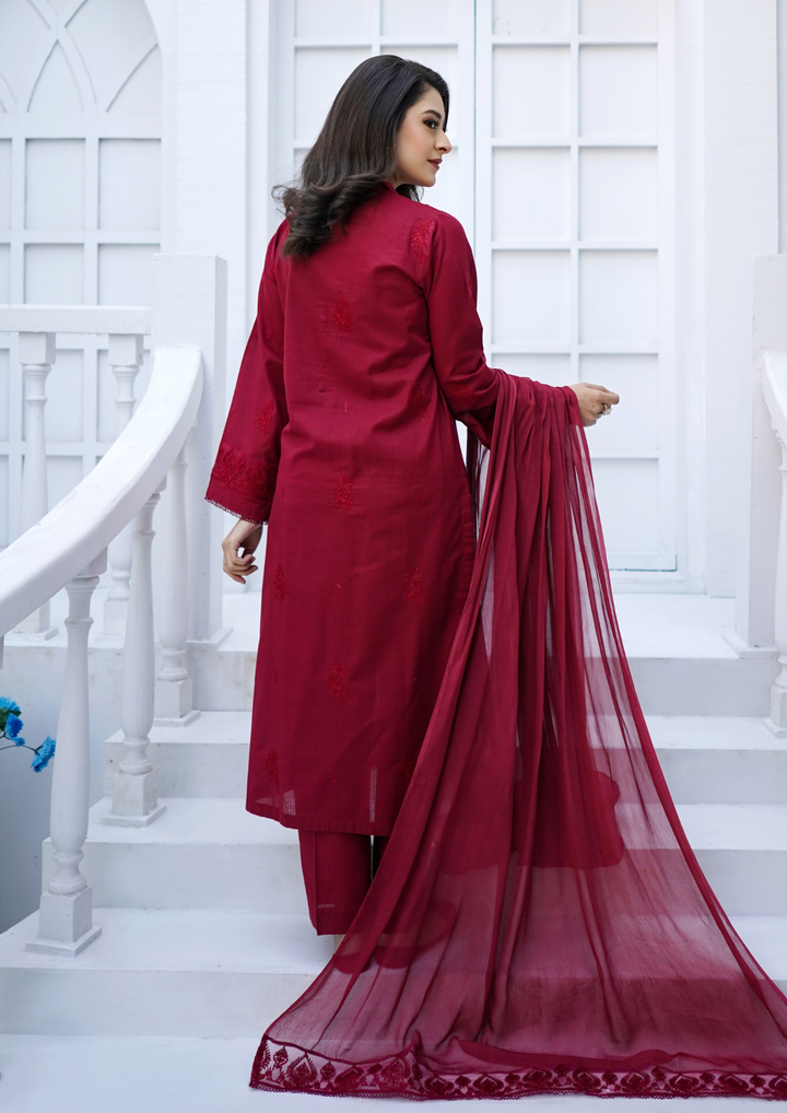 3Pc Embroidered Plain Lawn with Embroidered Border Chiffon Dupatta JASHAN-S25-0025