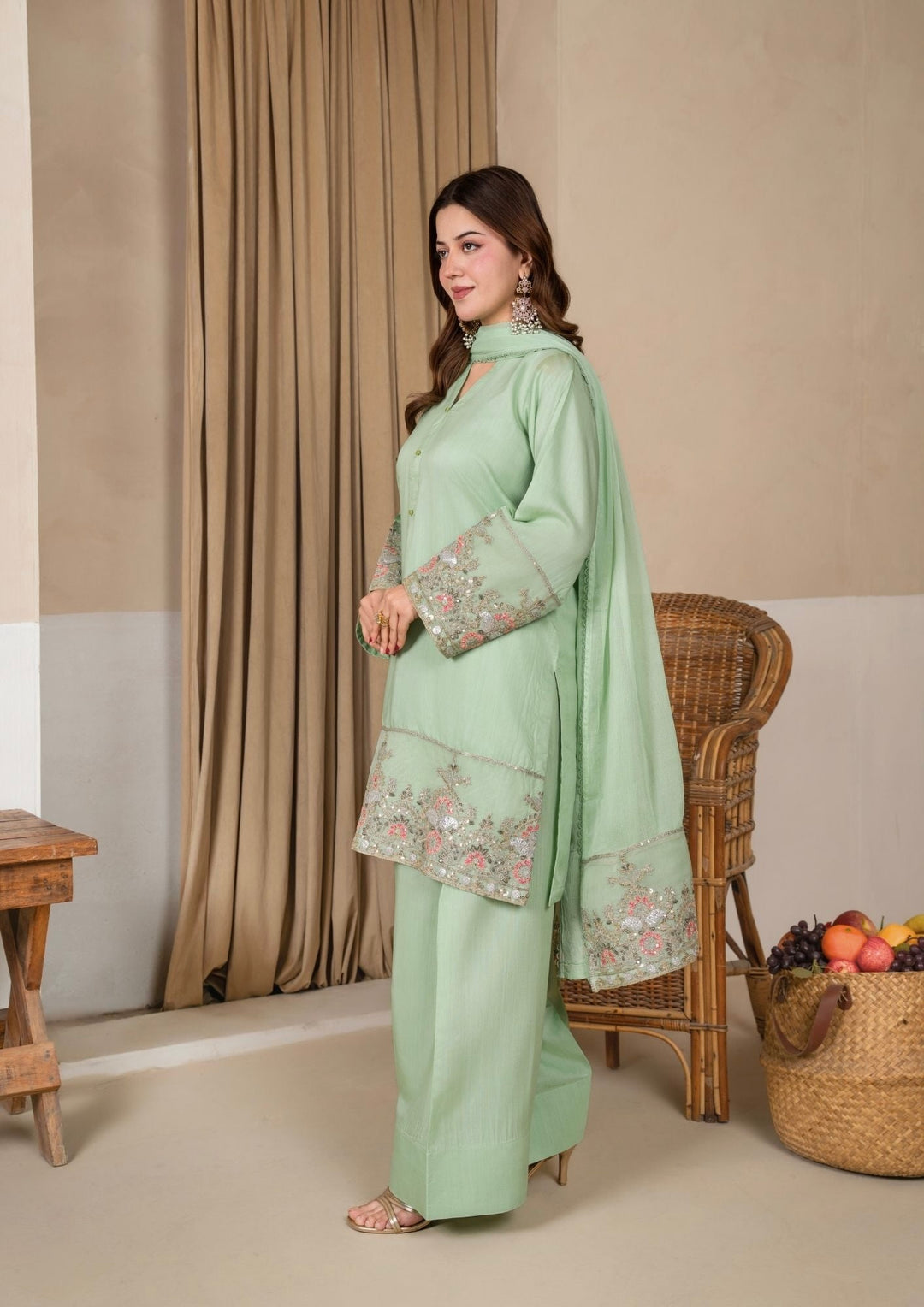 3Pc Embroidered Silk Viscose with Farshi Shalwar Mint JASHAN-J26-0005