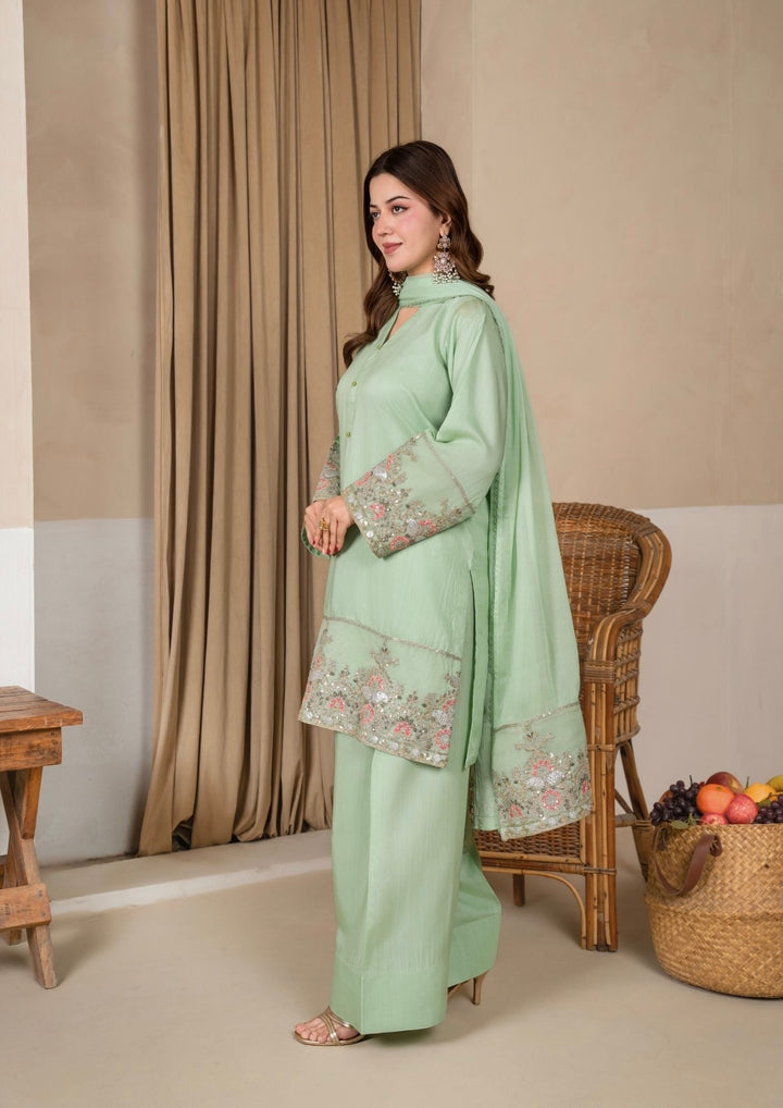 3Pc Embroidered Silk Viscose with Farshi Shalwar Mint JASHAN-J26-0005