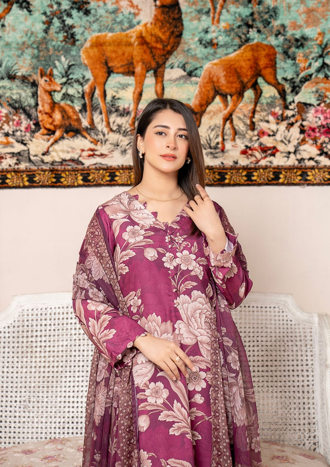 3Pc Printed Arabic Silk Lawn with Chiffon Dupatta Gulmeena-G26-0009