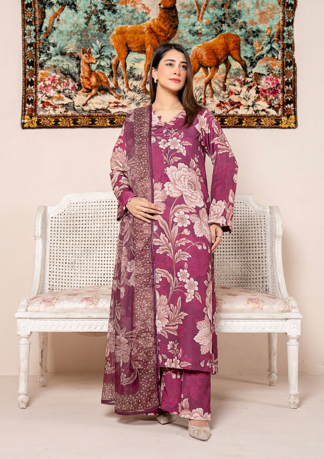 3Pc Printed Arabic Silk Lawn with Chiffon Dupatta Gulmeena-G26-0009