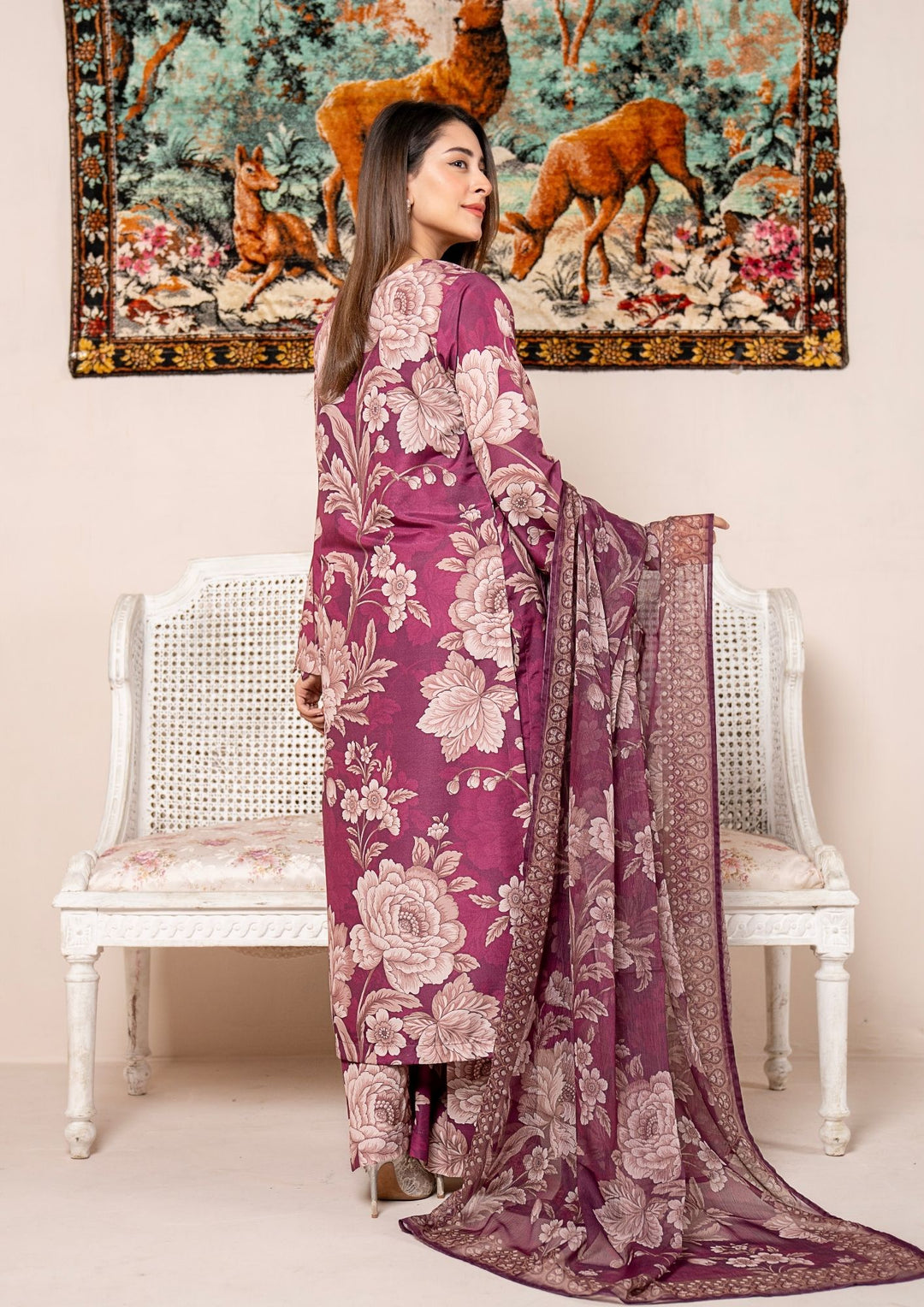 3Pc Printed Arabic Silk Lawn with Chiffon Dupatta Gulmeena-G26-0009